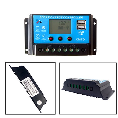 Tumo-Int 20 Amp Intelligent Solar Charging Controller With LCD Dispaly and USB Sockets, 12/24V Straight Lights