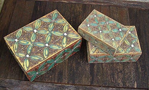 Cornwall Art Prints Set of 3 Boxes, Trinket, Jewellery, Indian Design, Iridescent Gold Green