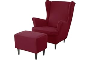JHLD Stretch Husse für Ohrensessel Mit Ottomane Schonbezug, Spandex Husse für Ohrensessel Mit Hockerbezug Mit elastischem Boden Ohrensessel Schonbezug -Weinrot-3 Stück