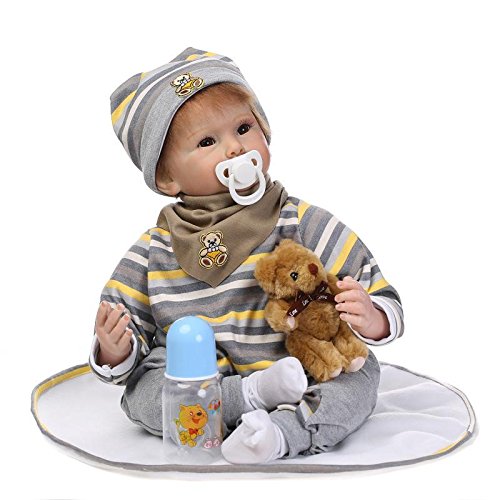 Nicery Reborn Baby Doll Soft Simulation Silicone Vinyl 22inch 55cm Magnetic Mouth Lifelike Boy Girl Toy Brown Bear