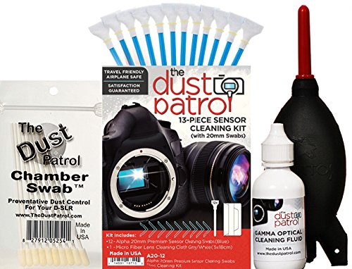 Digitalkamera Reinigungsset mit The Dust Patrol Sensor Swabs Alpha + The Dust Patrol Gamma Sensorreiniger. Für Kameras mit 20mm Sensoren: System- und MicroFourThirds Kameras. Das Kit enthält auch einen Giottos Blasebalg AA1900 - der beliebteste Blasebalg bei Fotofreunden.