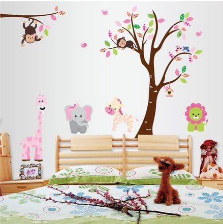 WallStickersDecal® Jungle Zoo Animal with Monkey Playing on Tree Wall Decal Sticker (Lion,Giraffe,Elephant,Zebra) (Style B)