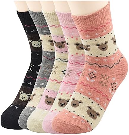 Women Warm Wool Crew Socks 5 Pairs With Various Fashion Printing (Teddy Bear)