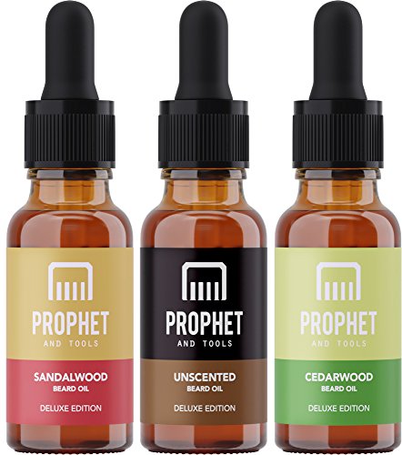 DELUXE EDITION 3x Beard Oils Set: Sandalwood, Cedarwood and Unscented - USA's TOP FAVORITE! Conditioner, Softener, Shine and Thicker Beard Growth - NUTS-FREE, VEGAN & HALAL! Prophet and Tools