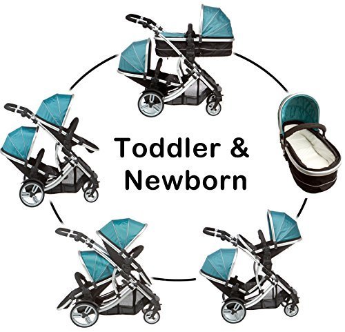 Duellette 21 BS Combo Double Twin Pushchair Baby Newborn carrycots Pram Travel system Tandem stroller buggy: 1 Pramette/seat unit for newborn baby, 1 seat unit for toddler 2 footmuffs 2 Rain covers, Teal Mist by Kidz Kargo