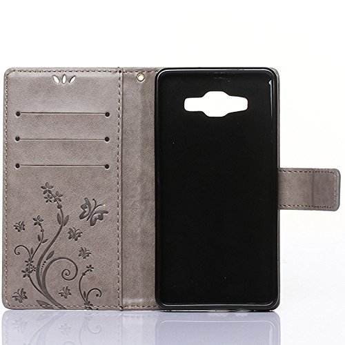 Samsung Galaxy A5 ( 2015 ) Hülle, Samsung Galaxy A5 ( 2015 ) Schutzhülle, Alfort 3 in 1 Lederhülle Fashion Design Premium PU Leder Hohe Qualität Tasche Case Cover Kasten Abdeckung Wallet für Samsung Galaxy A5 ( 2015 ) 5.0″ Smartphone Funktion Standfunktion Unterstützte Telefone und Magnetverschluss mit Schmetterling ( Grau ) + Alfort Schwarz Stylus Pen - 4