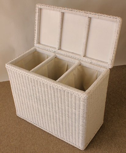 Rattan Wäschesortierer , Wäschekorb 3 Fächer Einteilung , Fb . Weiß Lackiert !