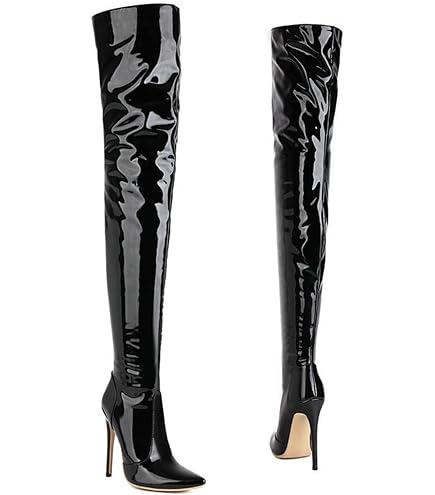 Stivali Donna Alti Sopra Ginocchio – Tacco Stiletto 15,5 Cm, Piattaforma, Punta Rotonda, Elasticizzati, Neri Opachi