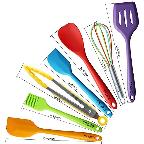 TTLIFE Premium Silikon Küchenhelfer (7 stück) – Teigschaber klein, Schneebesen, Spoonula, Pfannwender, Teigschaber groß,Grillzange,Backpinsel – Hitzebeständige Küchenzubehör/BBQ set/Küchen Utensilien Set für Kochen und Backen (Bunt) - 7