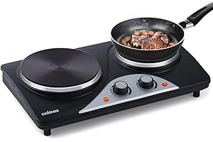 CUSIMAX Gusseisen Doppelkochplatte, Kochplatten 2er Elektrisch in 1000W+1500W, herdplatte elektrisch doppel für Garten, Wohnmobil oder Camping, Schwarzer Edelstahl mit einstellbarer Temperatur