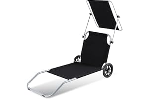 ‎IZRIELAR Izrielar Sonnenliege Liegestuhl, Gartenliege Strandliege Klappbar mit Sonnenschutz 2 Rädern, Campingliege Faltbar Kippliege, Rollen Strandliege Verstellbare Rückenlehne, Schwarz