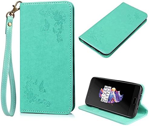 UKDANDANWEI OnePlus 5 cover,Back Case Cover Stylish plastic waterproof flowerPremium PU Leather Wallet Case with Card Slots Cash Compartment and Detachable Wrist Strap for OnePlus 5 - Turquoise