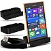 Produktbild ( Black + Data Cable ) Nokia Lumia 730 dual sim Protective Stylish Fitted Micro USB Desktop Ladestation Tischständer mit Micro-USB-Flat Data Sync Ladekabel von ONX3