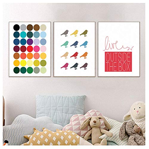 Wwjwf Decoración Nórdica Rainbow Colorful Dot Bird Geometric Mountain Canvas Painting Wall Decal Magic Pictures para Dream House 50X60Cmx3 Sin Marco