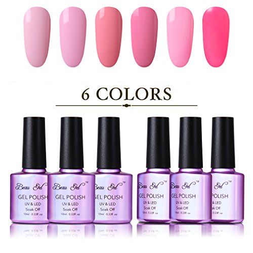 Beau Gel Soak off UV LED Gel Nail Polish, Cute Pink Colours Manicure Varnish Nail Salon Set Long Lasting Shiny Nail Art (6 bottles, 10ml each) #07