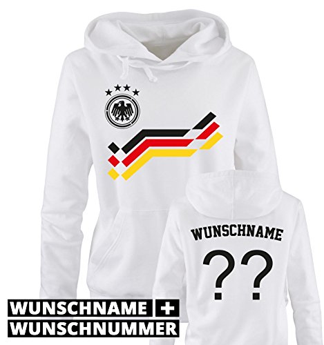 EM 2016 – RETRO-TRIKOT – WUNSCHDRUCK – Damen Hoodie – Weiss / Schwarz-Rot-Gelb Gr. S