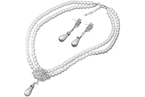 KARA NICOLE Silver Crystal And Pearl Sparkling Rhinestone Wedding Prom Necklace Earring Set Simulated Pearl Chokers Double Layer Pearl Necklace
