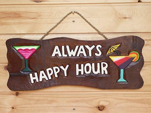 Eden Gifts Wooden Hand Carved & Painted ALWAYS HAPPY HOUR TIKI BAR Wall Plaque Sign Mask 50cm.