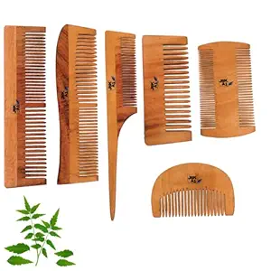 Jska1 Pure Neem Wood Hair Comb for Women and Men || Dandruff Clean , Anti Hair Fall || Brown, Set of 6
