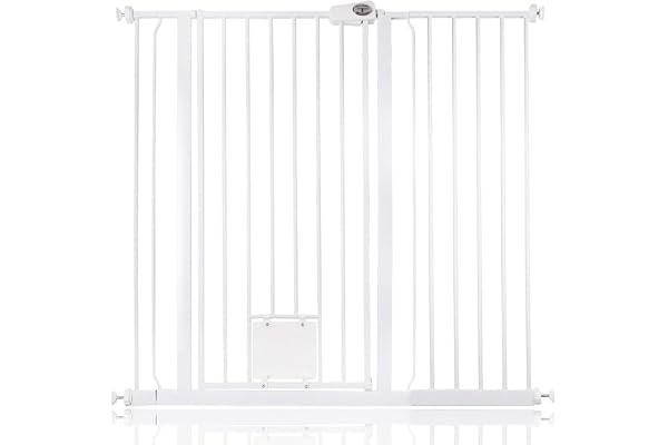 Bettacare Barrière pour Chien avec Trappe Verrouillable, Barrière de Sécurité Extra Haute pour Animaux, 113,8cm - 121,4cm, Hauteur 104cm, Couleur Blanc