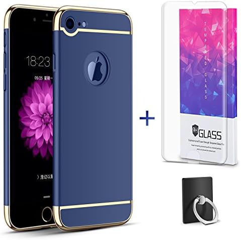 Hanglong 3 in 1 Full Protective Phone Case with Electroplate Frame For iPhone 7 (with one Tempered Glass Screen Protector)-Navy Blue