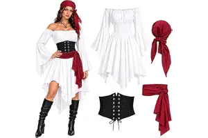 Disfraz Pirata Mujer, Conjunto Renacentista De 4 Piezas Con Corsé | Incluye Vestido, Corsé, Cinturón Y Pañuelo, Ideal Para Cosplay Y Carnaval