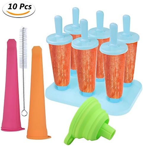Estela 6 Pack Ice Lolly Moulds, Reusable Food Grade Ice Pop Mould Set Ice Popsicle Moulds Yogurt Icebox Fridge Frozen Treats Freezer Ice Pop Maker with 2 * Food Grade Silicone Popsicles, 1 * Food Grade Silica Gel Funnels, 1 * Ice Lolly Mold Bottom Holders and 1 * Small Cleaning Brush