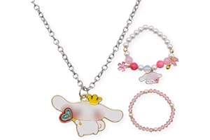 SWZY Bijoux Enfants Fille,1Set Rose Crystal Bead Bracelet et 1pcs Cinnamo-roll Pendentif Collier, Princesse Bijoux Bracelet de Perles Multicouches Extensible Fête Anniversaire Cadeaux pour Filles