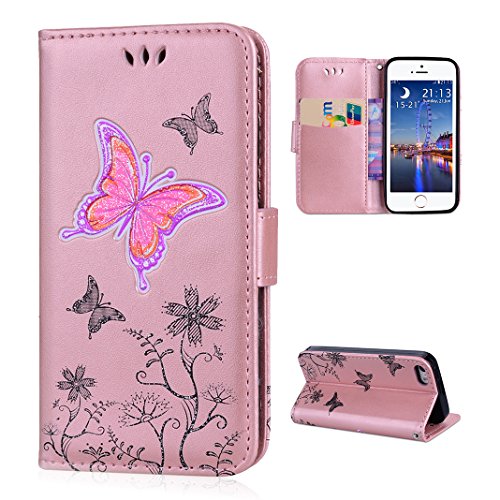 iPhone SE Leather Wallet Case, iPhone 5S Stand Cover, Moon mood Shiny Flip Folio Case Cover for iPhone 5/5S/SE 4.0 inch Glitter Butterfly Pattern Cellphone Purse with Support Function Card Holder Magnetic Buckle Shockproof Full Body Protection Shell Skin - Rose Gold
