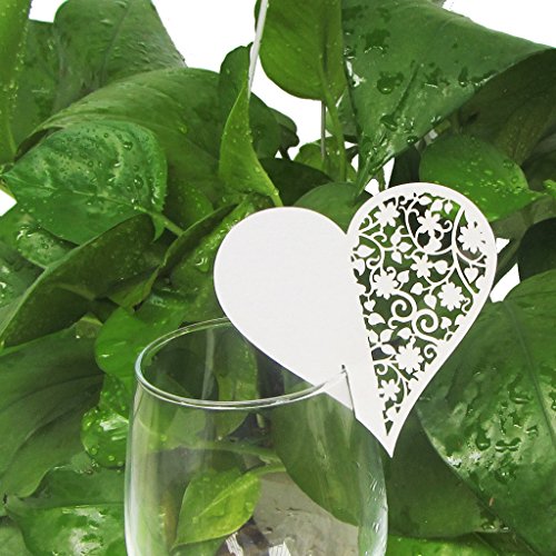 100 Stück Schimmer Weiß Herz Laser Cut Love Heart ans Glas Platzkarten Hochzeit Geburtstage Taufe Party Tischkarten Namenskarten Glasanhänger für Weinglas Cup Deko Hochzeitsfeier Deko Gastgeschenk Tischdeko (100) - 2
