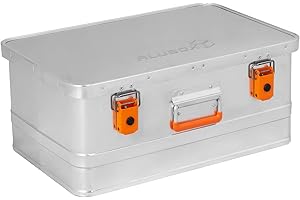 ‎ALUBOX Alubox Werkzeugtruhe Werkzeugkoffer EASY 40 Liter silber Alu glänzend - orange Schnallen - Frontgriff - Außenmaße L 56 x B 37,5 x H 24 cm