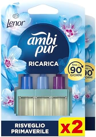 Ambi Pur 3Volution Profumatore per Ambienti, 2 Ricariche per Diffusore Elettrico, Fragranza Lenor Risveglio Primaverile, tecnologia Elimina Odori