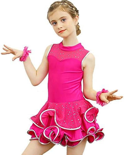 YI WORLD Child Latin Dance clothing Girl Lace long short sleeve dance dress black red yellow Pink , pink , 160cm