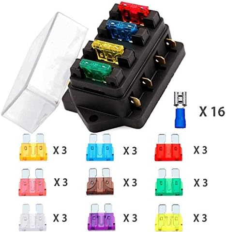 Autodog 4-Way Car Fuse Holder with Insulated Terminals and 27 Standard Car Fuses Fuse Set 5 A 7,5 A 10 A 15 A 20 A 25 A 30 A 35 A 40 A 32 V 40 A Fuse Box Blade Fuses