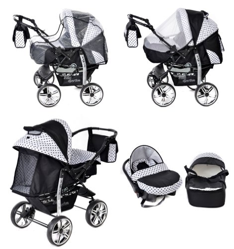 Baby Sportive Kamil, Kombikinderwagen set – incl. Kinderwagen mit Zubehör, Babyschale und Sportwagen Aufsatz. System mit RÄDER NICHT SCHWENKBAR. Reisesystem Farbe: Schwarz und Schwarze Punktmuster - 7