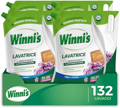 Winni’s - Detersivo Lavatrice Ipoallergenico Ecoformato, 132 Lavaggi, Aleppo e Verbena, con Smacchianti Naturali da Biofermentazione e Materie Prime di Origine Vegetale, 1485mlx4 Confezioni