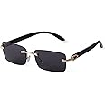 Fashion Rimless Sunglasses for Women Men Gangster Tinted Lens Frameless Shades Faux Buffalo Horn Glasses Rectangle Eyewear