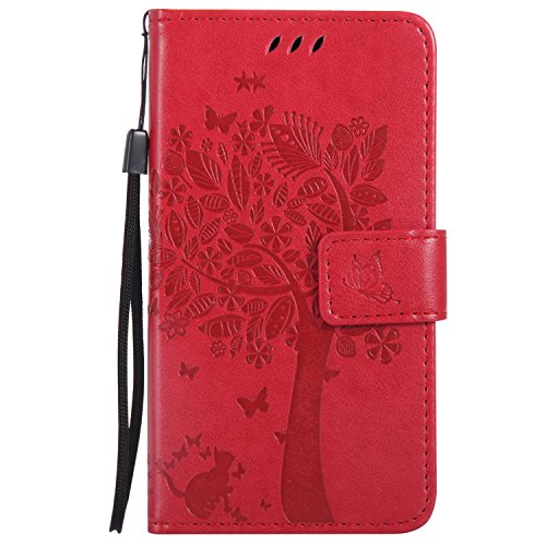 Nokia Lumia 550 Case, Nokia Lumia 550 N550 Wallet Case, BONROY [Kickstand] Retro Flip Case, Elegant Vintage Pressed Tree Cat Butterfly Pattern Design Premium PU Leather [with Lanyard Strap/Rope] Stand Function Card Holder and ID Slot Slim Fit Protective Case Cover for Nokia Lumia 550 N550 - Red