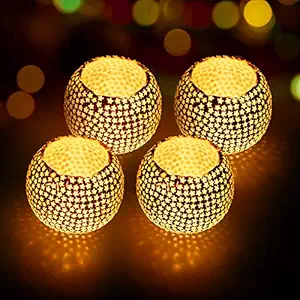 SHOPPOSTREET Pack of 4 Mosaic Glass Tealight Candle Holders for Side or Center Table Dining Room Lighting Home Decoration and Gifts, Diwali Decoration, Christmas Decoration and Gifts(Glass, Pack of 4)