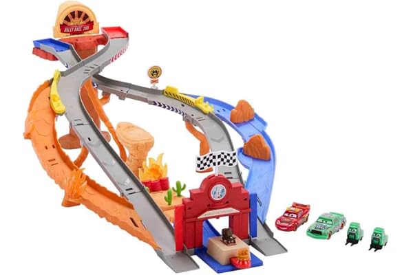 Mattel Cars Coffret Piste de Course Rescue Road Course de Radiator Springs avec Flash McQueen, Chicks Hicks et 2 véhicules Pitty, 2 façons de jouer, JFL57