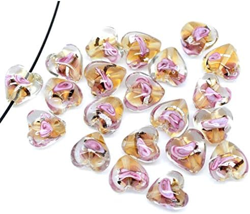 5 x Lampwork Glass Color-Lined Foil Coffee Heart Beads - 12mm - L09903