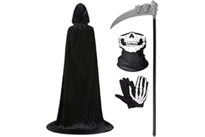 Wishstar Capa con Capucha de Terciopelo para Halloween, Disfraz de Vampiro con Máscara de Esqueleto, Guantes y Guadaña, Unisex para Carnaval y Mascarada (Negro, L)