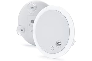 Mavoro Specchio Ingranditore LED 17 cm con 3 ventose forti | Ingrandimento 10X | Specchio trucco & cosmetico da viaggio portatile illuminato (funziona con 4 batterie AAA | 10X)