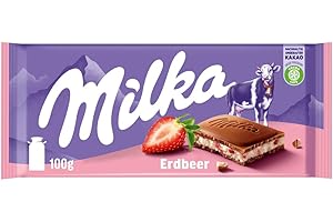 ‎MILKA Milka Erdbeer – Alpenmilch-Schokolade mit fruchtiger Milchcrème und Erdbeerstückchen – 100g