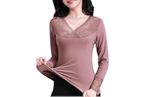 Minetom Femme sous-vêtement Thermique Uni Manches Longues Col V Dentelle Automne Hiver Chaud Pull T Shirt Haut Tops