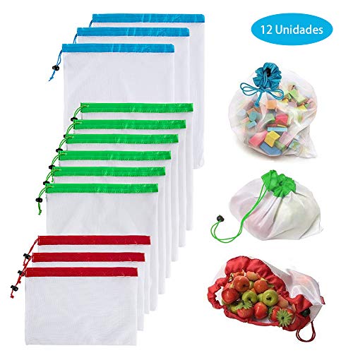 Yompz Bolsas Reutilizables Compra, 12 Unidades Ecológicas Bolsa de Malla, para Almacenamiento Frutas/Verduras, Juguetes, Lavable y Protección del Medio Ambiente, 3 Diversos Tamaños