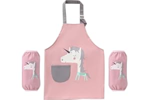 Mamiddle Delantal para Niños Niñas Delantal Impermeable para Niños Pequeños con Bolsillo y Correa Ajustables para Niños Cocina Hornear Pintar Jardinería (Unicornio Rosa, XS | ≥130cm | 9-12años)