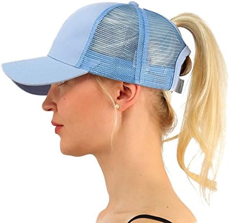 YOUFAN Women Girl Ponytail Messy High Buns Trucker Ponycaps Ponycap Adjustable Mesh Trucker Baseball Cap Hats (Sky Blue)