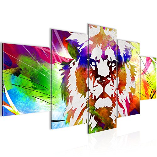 Bilder Bunter Löwe Wandbild 200 x 100 cm Vlies - Leinwand Bild XXL Format Wandbilder Wohnzimmer Wohnung Deko Kunstdrucke Bunt 5 Teilig -100% MADE IN GERMANY - Fertig zum Aufhängen 007351a
