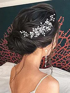 Unicra Flower Bride Wedding Hair Vine Bridal Leaf Hair Piece Rhinestone Headband Crystal Hair Accessories for Women and Girls (Silver)